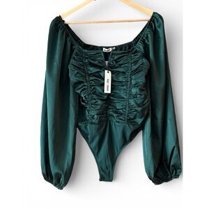 DAY + MOON Forest Green Satin Ruched Bodysuit Balloon Sleeve Square Neck *NEW*